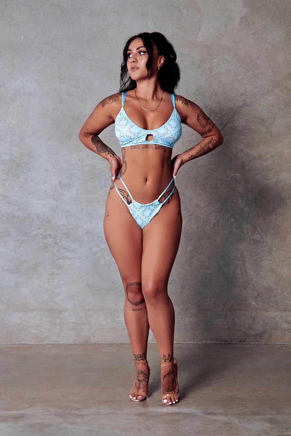 Cheeky Bottoms*CXIX 119 Hi-Rise Thong Bottoms - Blue With Print