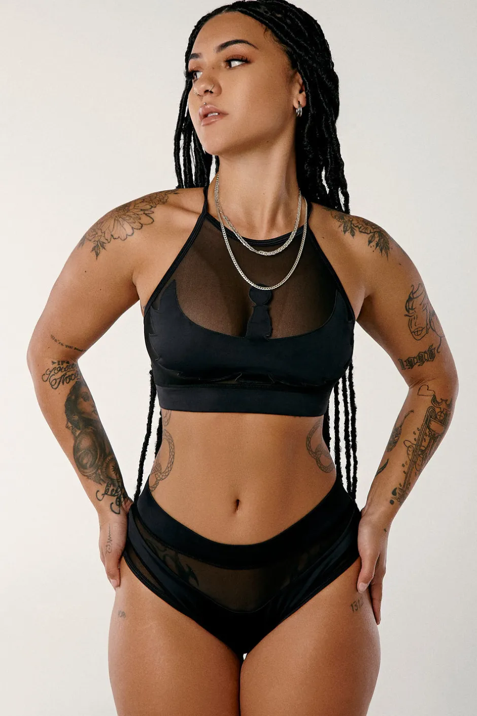 Tees & Tops*CXIX I S I S Goddess Halter Top - Black With Black Mesh