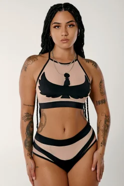 Tees & Tops*CXIX I S I S Goddess Halter Top - Black With Sand Mesh
