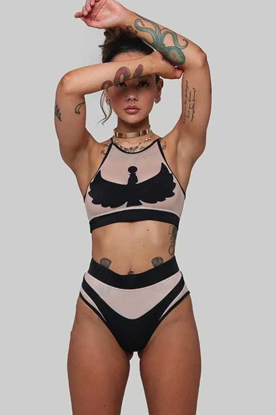 Tees & Tops*CXIX I S I S Goddess Halter Top - Black With Sand Mesh